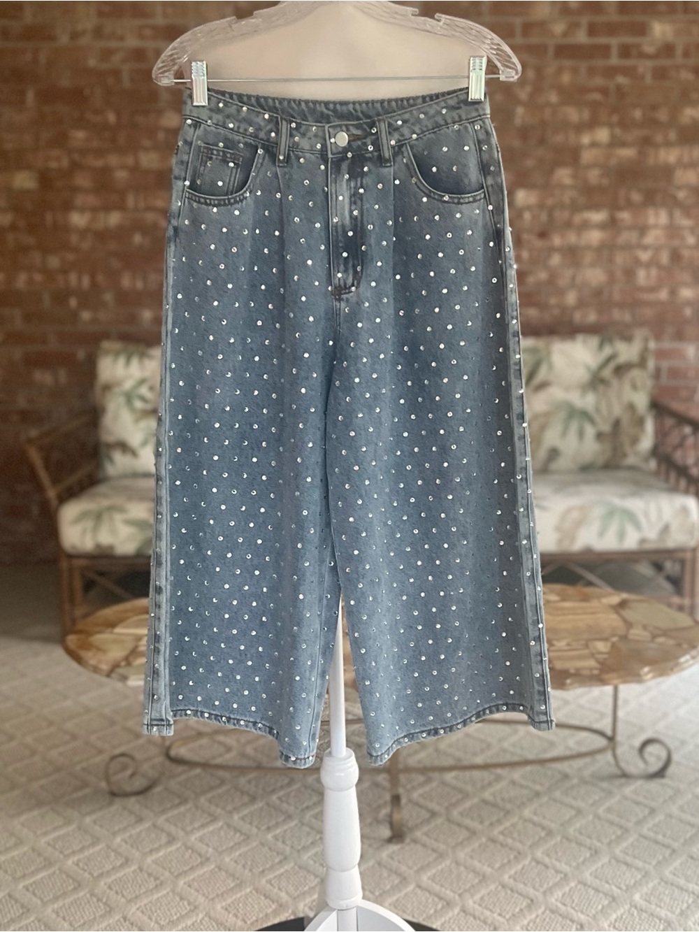 Akira Drippin In Rhinestones Jeans High Waist Cropped Wide Leg S NWOT Glam